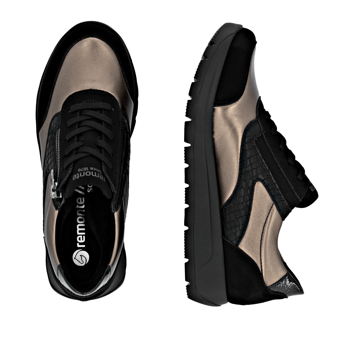 Schwarze remonte Damen Sneaker D2V02-04 mit Reißverschluss sowie Extraweite H. Schuh von oben, liegend.