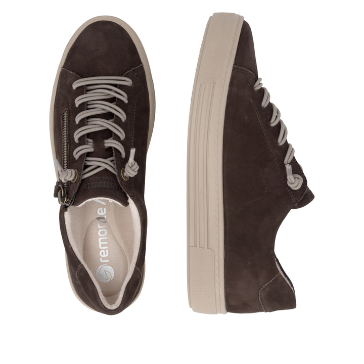 Baskets basses remonte marron pour femmes D0920-25 avec fermeture éclair. Chaussure vue de dessus, couchée.