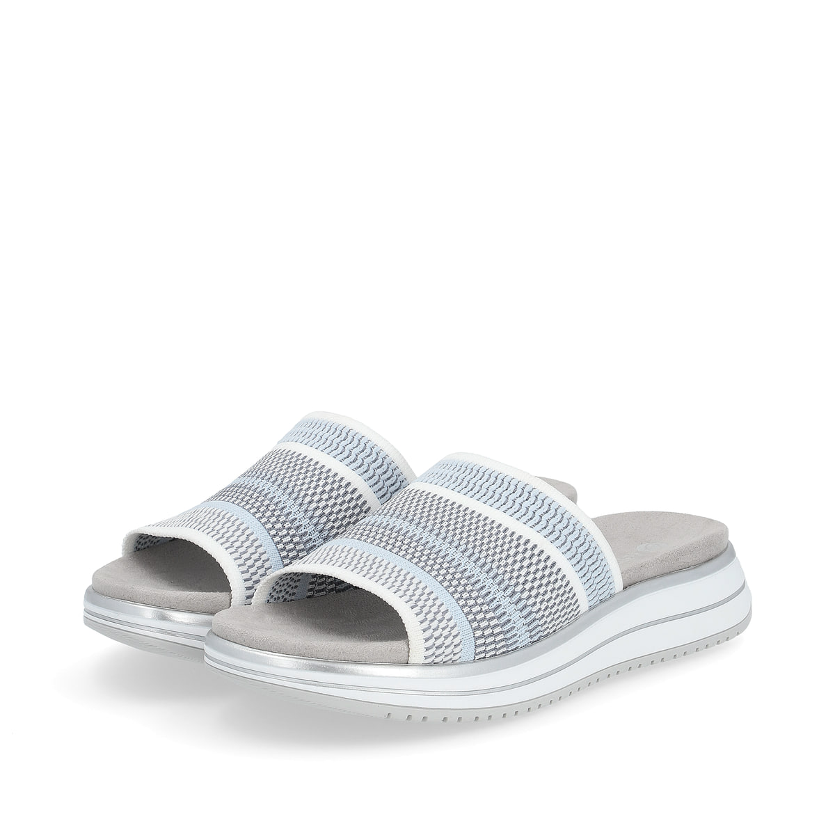 Blaue remonte Damen Pantoletten D1J54-10 mit Gummizug sowie weicher Einlegesohle. Schuhpaar seitlich schräg.