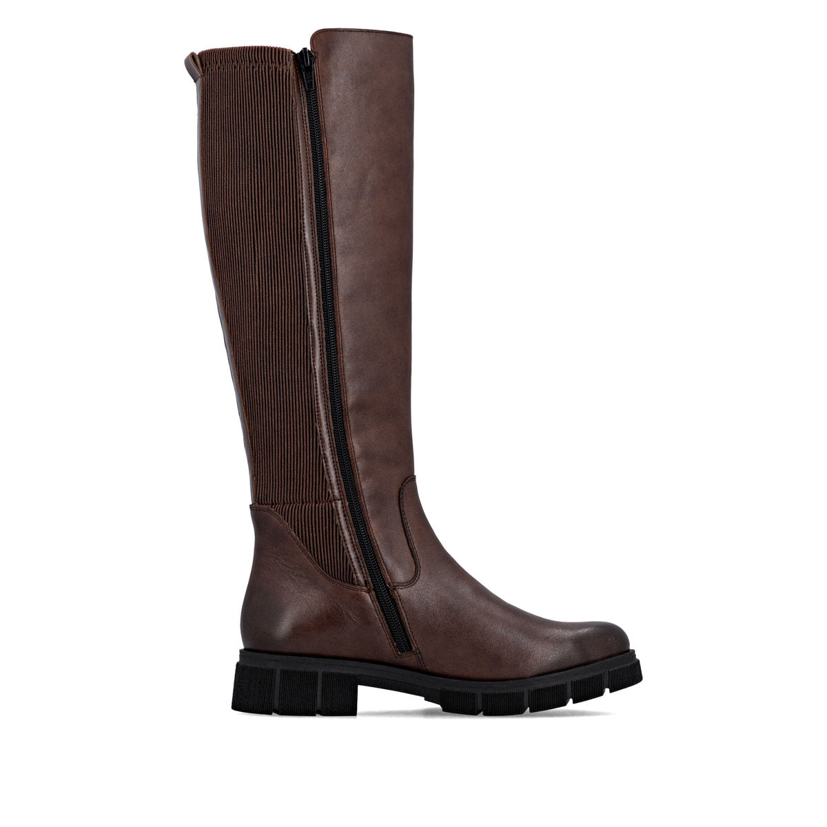 Braune remonte Hochschaftstiefel D2S74-25 mit einem Reißverschluss. Schuh von hinten.