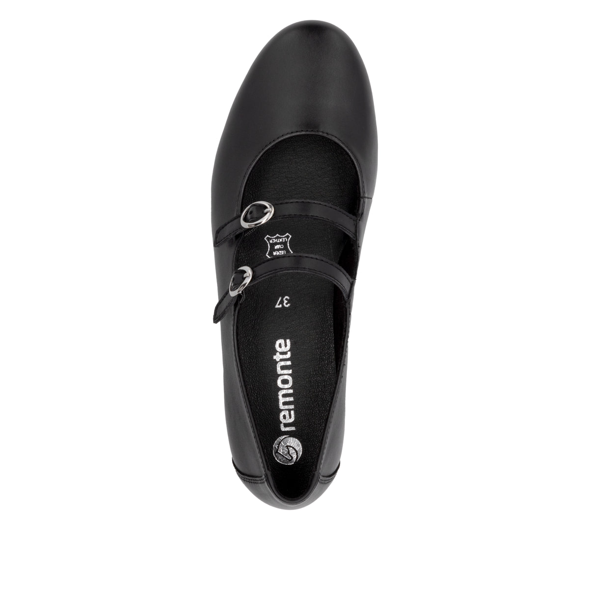 Schwarze remonte Damen Loafer D0K11-00 mit einer Schnalle. Schuh von oben.