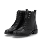 Schwarze remonte Damen Stiefeletten D0F82-00 mit einem Reißverschluss. Schuhpaar seitlich schräg.