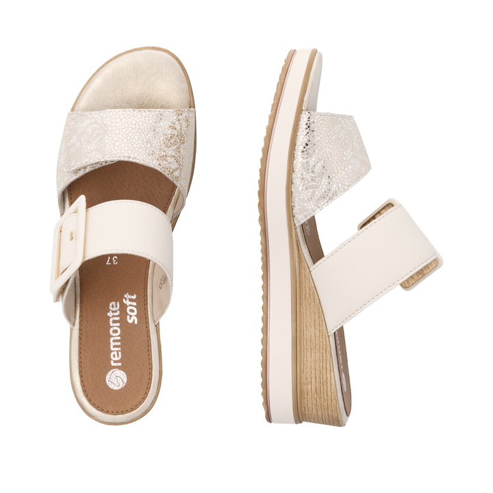 Beige remonte Damen Pantoletten D6463-60 mit einem Klettverschluss. Schuh von oben, liegend.