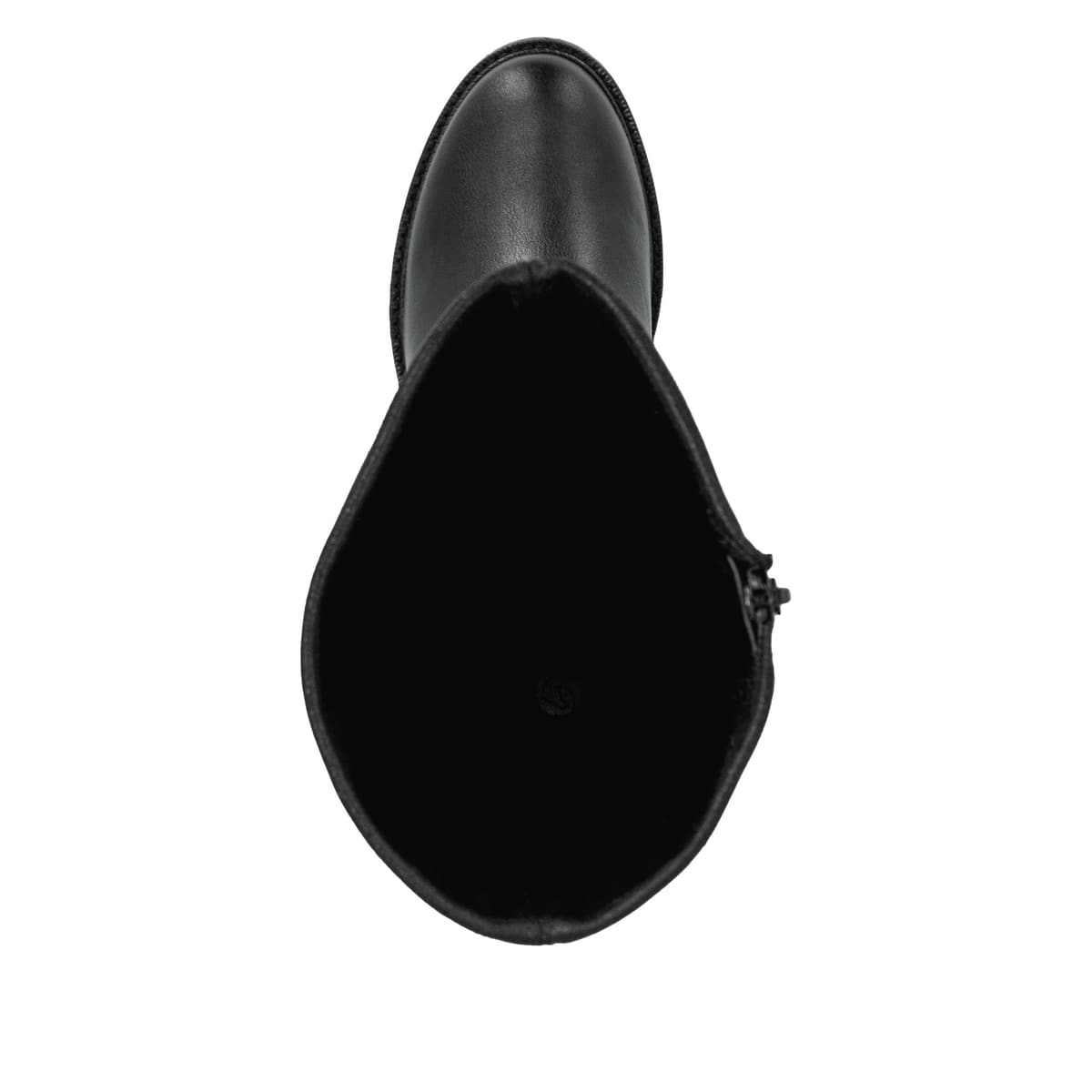 Schwarze vegane remonte Hochschaftstiefel D2W76-00 mit einem Reißverschluss. Schuh von oben.