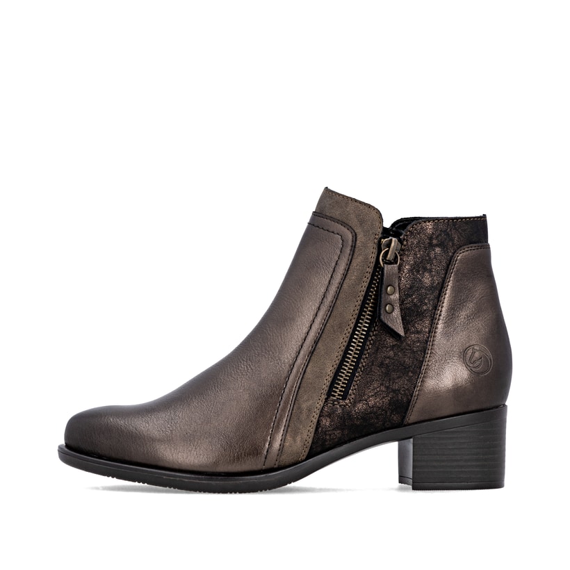 Bottines remonte métalliques pour femme R5172-90 avec fermeture éclair. Côté extérieur de la chaussure.