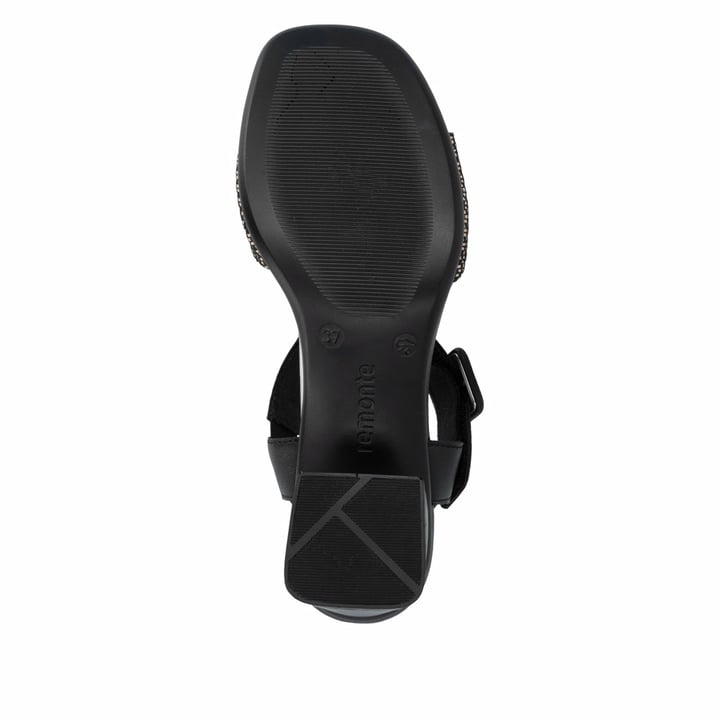 Schwarze remonte Riemchensandaletten D1K51-04 mit einem Klettverschluss. Schuh Laufsohle.
