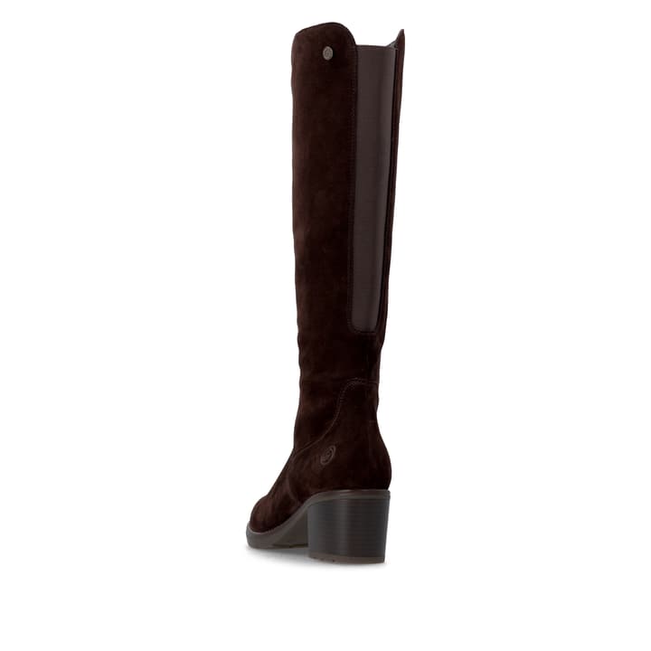 Dunkelbraune remonte Hochschaftstiefel D2A78-25 mit einem Reißverschluss. Schuh von hinten.
