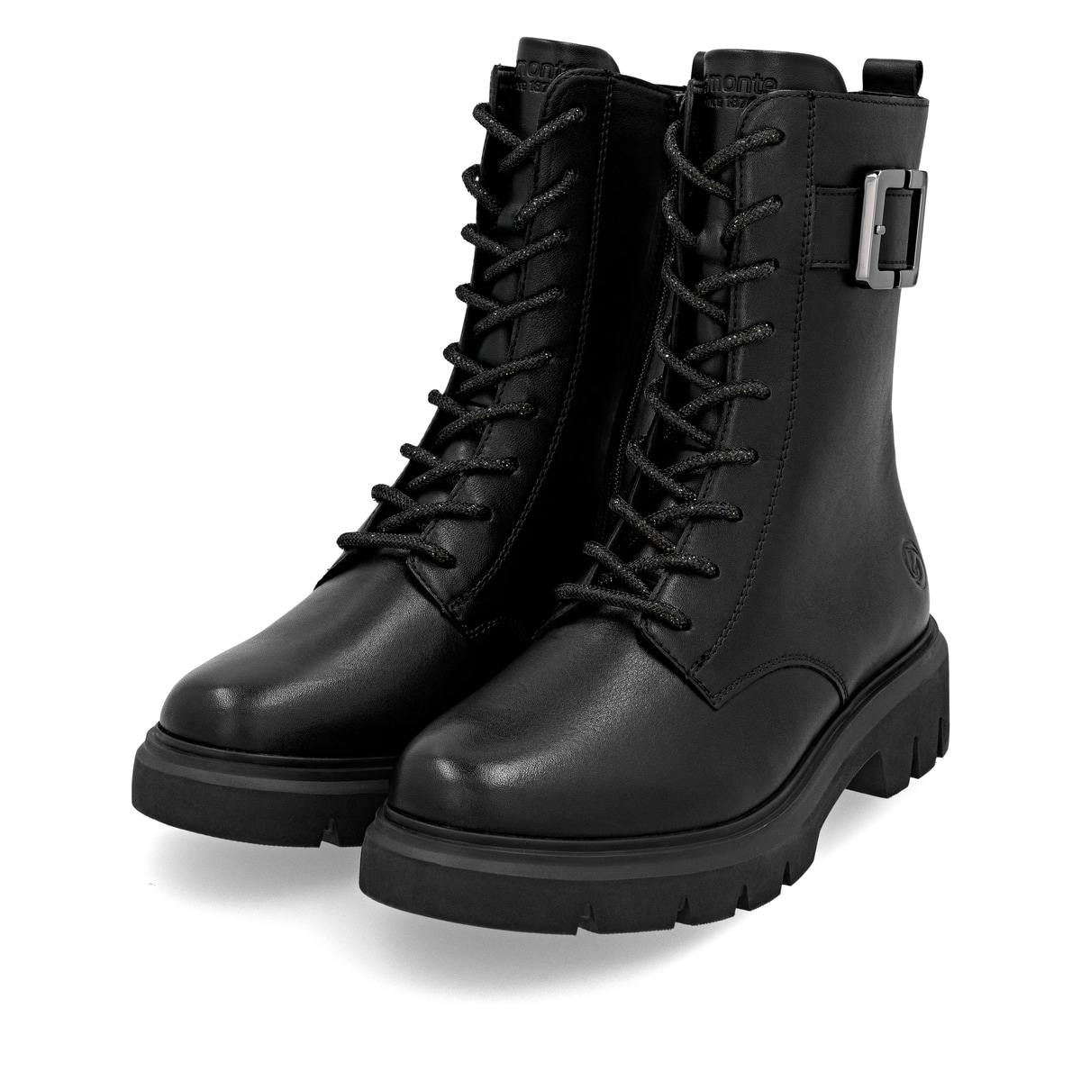 Schwarze remonte Damen Schnürstiefel D1W82-00 mit einem Reißverschluss. Schuhpaar seitlich schräg.