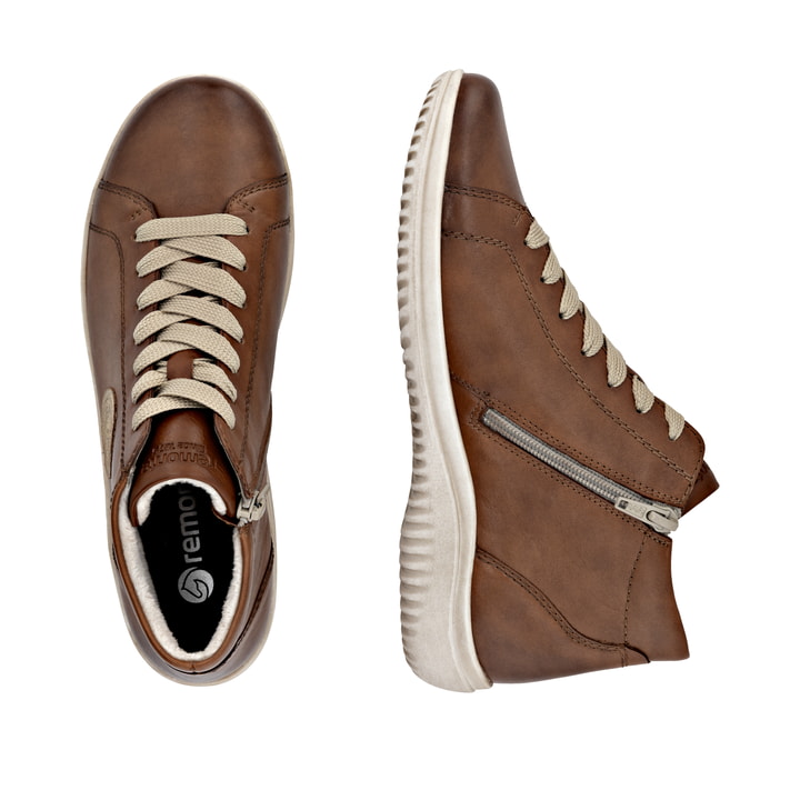 Braune remonte Damen Schnürstiefel D1E71-24 mit wasserabweisender TEX-Membran. Schuh von oben, liegend.