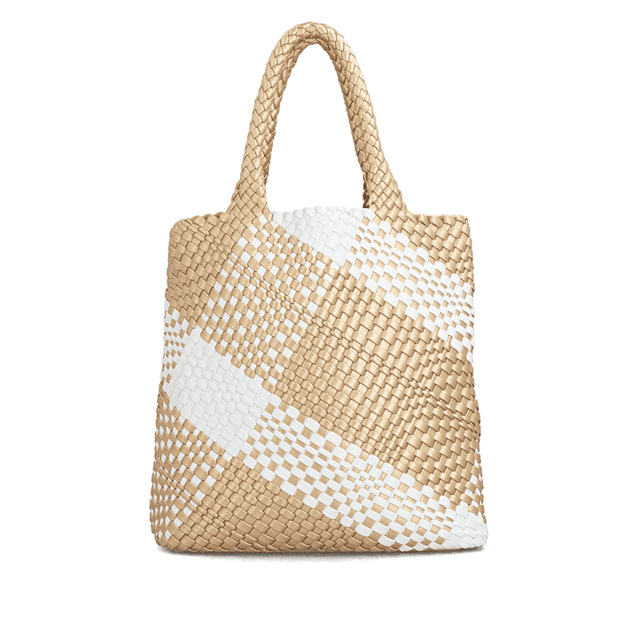 Sac à main remonte Q0761-81 beige avec design tressé et poche amovible. Arrière.