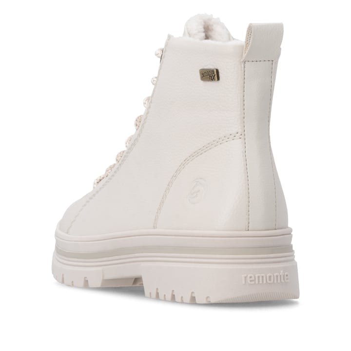 Weiße remonte Damen Schnürstiefel D2U75-80 mit wasserabweisender TEX-Membran. Schuh von hinten.