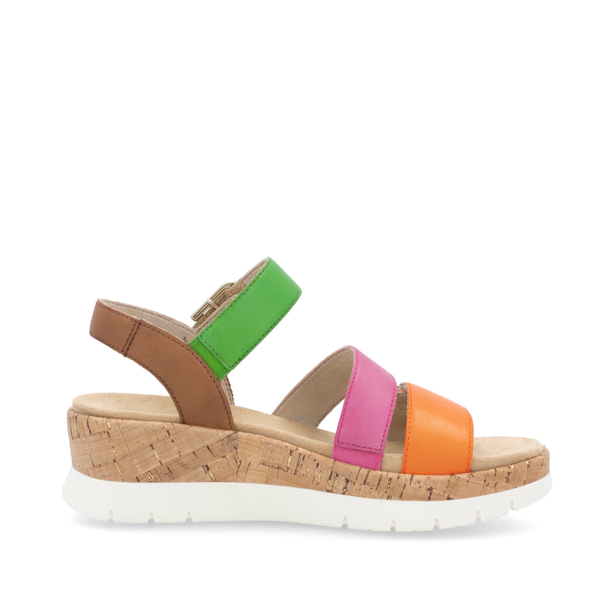 Mehrfarbige remonte Keilsandaletten D2P50-90 mit einem Klettverschluss. Schuh Innenseite.