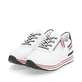 Weiße remonte Damen Sneaker Low D1312-82 mit Reißverschluss sowie Komfortweite G. Schuhpaar seitlich schräg.