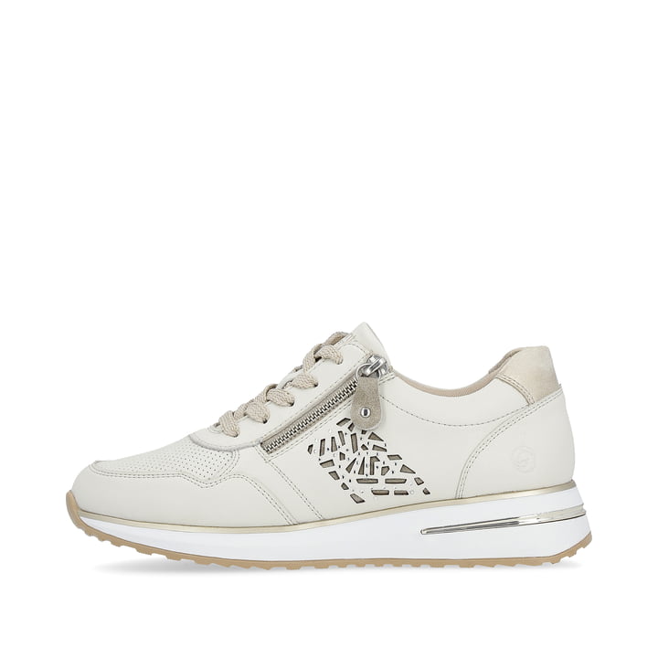 Cremeweiße remonte Damen Sneaker D1G00-81 mit einem Reißverschluss. Schuh Außenseite.