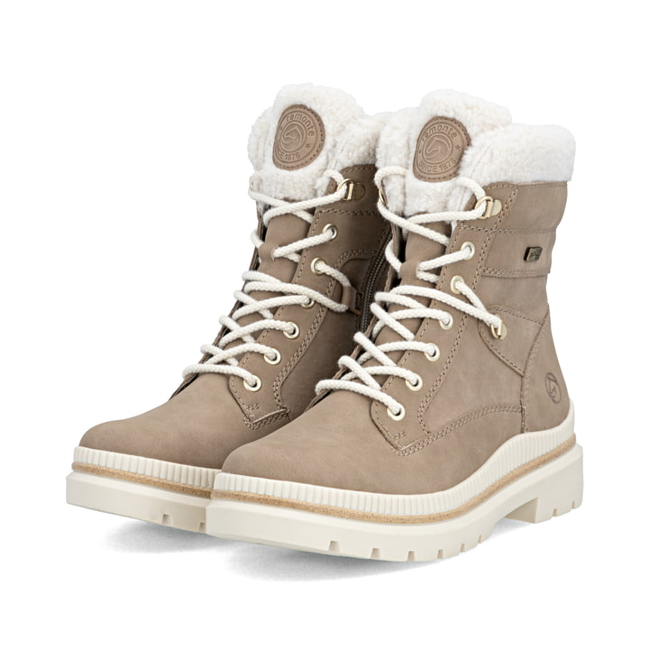 Dunkelbeige remonte Damen Schnürstiefel D0C77-20 mit griffiger Glass-Fibre Sohle. Schuhpaar seitlich schräg.