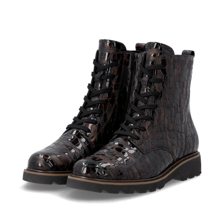 Dunkelbraune remonte Damen Schnürstiefel D3S72-25 mit einem Reißverschluss. Schuhpaar seitlich schräg.
