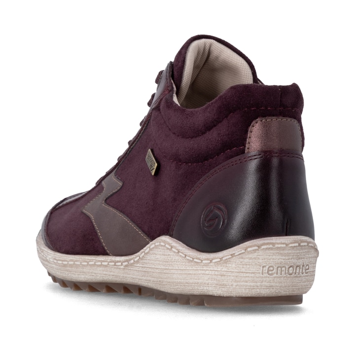 Weinrote remonte Damen Schnürstiefel R1454-35 mit wasserabweisender TEX-Membran. Schuh von hinten.