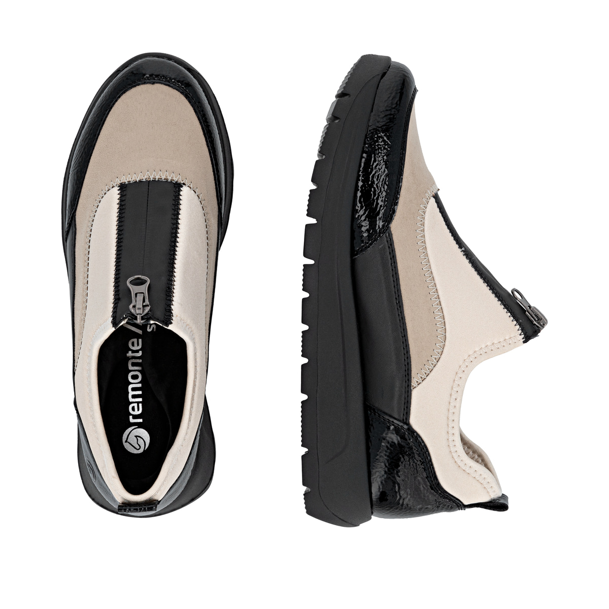 Beige remonte Damen Slipper D2V01-60 mit einem Reißverschluss sowie Extraweite H. Schuh von oben, liegend.