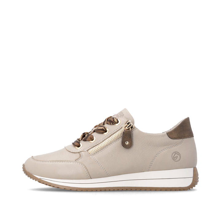 Baskets basses remonte beiges pour femmes D0H11-62 avec fermeture éclair. Côté extérieur de la chaussure.