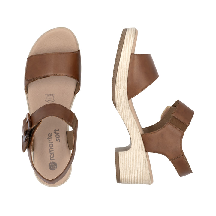 Braune remonte Riemchensandaletten D0N52-25 mit einem Klettverschluss. Schuh von oben, liegend.