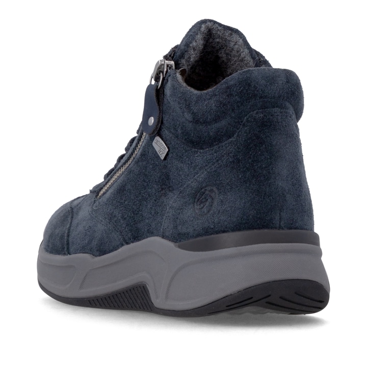Dunkelblaue remonte Damen Sneaker D3V71-14 mit wasserabweisender TEX-Membran. Schuh von hinten.