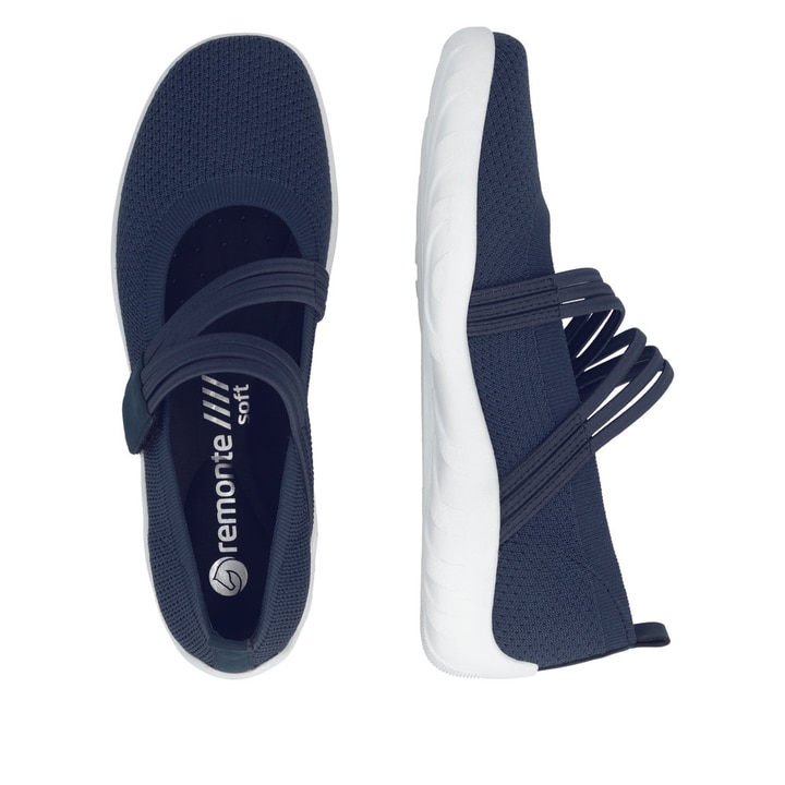 Blaue remonte Ballerinas R3519-14 mit einem Klettverschluss sowie Komfortweite G. Schuh von oben, liegend.