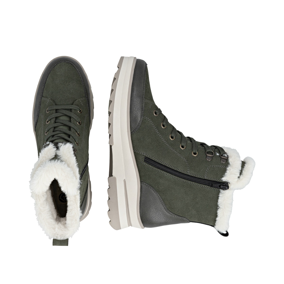 Grünbeige remonte Damen Schnürstiefel D2B76-54 mit griffiger Glass-Fibre Sohle. Schuh von oben, liegend.