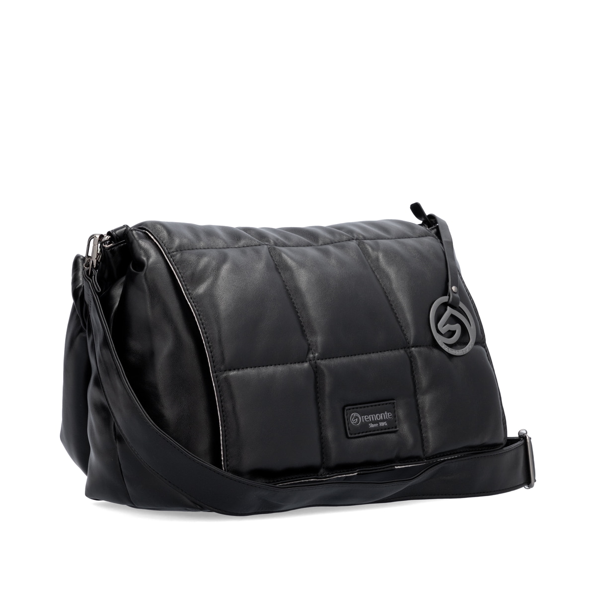 Sac à main remonte Q0716-00 en noir avec fermeture éclair et des bretelles ajustables. Côté gauche.