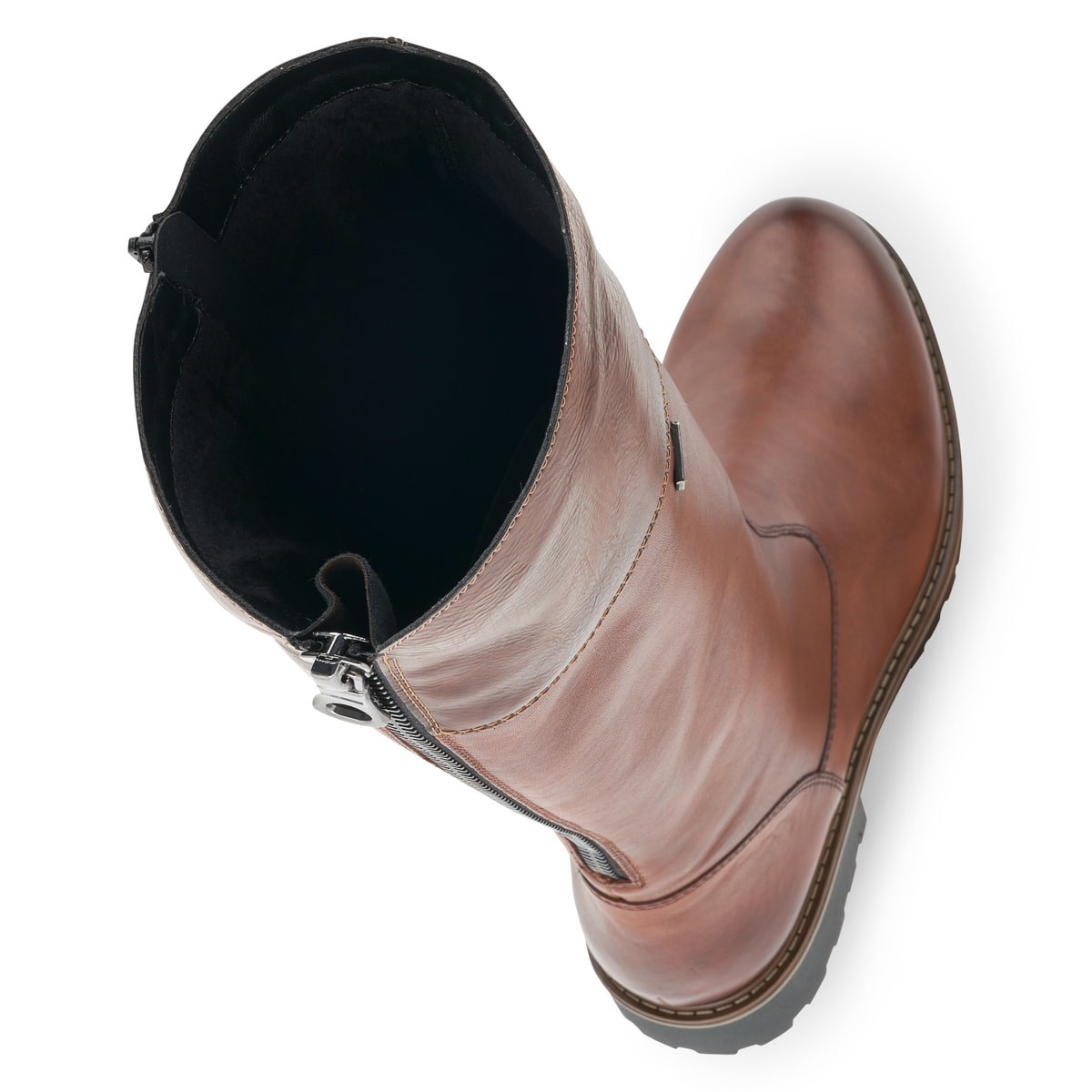 Braune remonte Hochschaftstiefel R6581-22 mit wasserabweisender TEX-Membran. Schuh von oben, liegend.