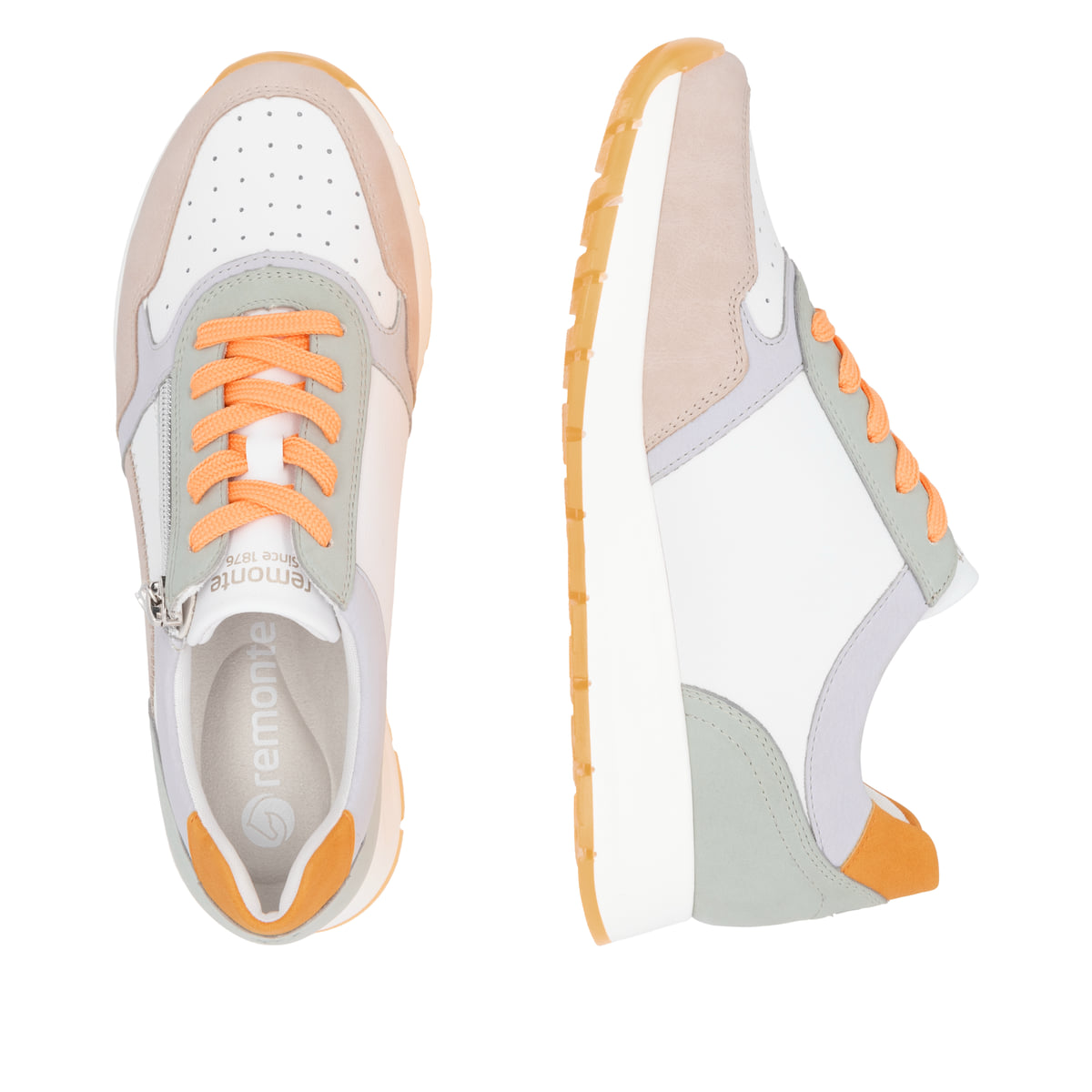 Weiße remonte Damen Sneaker Low D2G00-80 mit Reißverschluss sowie Komfortweite G. Schuh von oben, liegend.