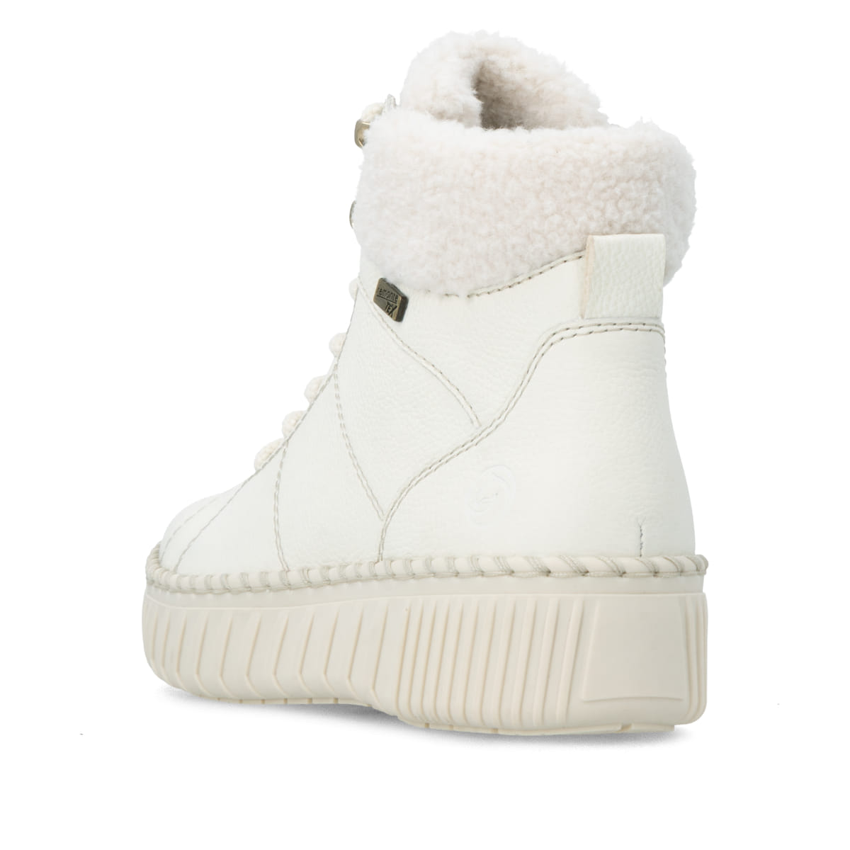 Weiße remonte Damen Schnürstiefel D4A74-80 mit wasserabweisender TEX-Membran. Schuh von hinten.