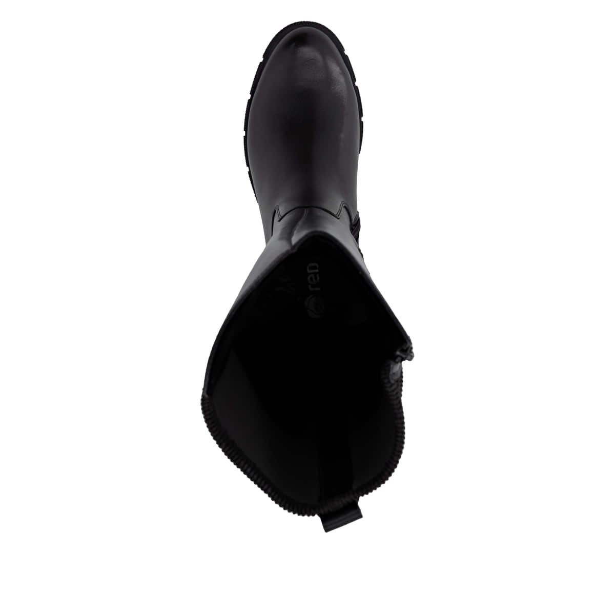 Schwarze remonte Hochschaftstiefel D2S74-00 mit einem Reißverschluss. Schuh von oben.