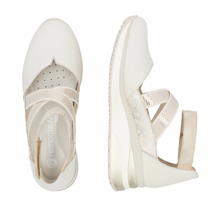 Weiße remonte Ballerinas D2411-81 mit einem Klettverschluss sowie Komfortweite G. Schuh von oben, liegend.