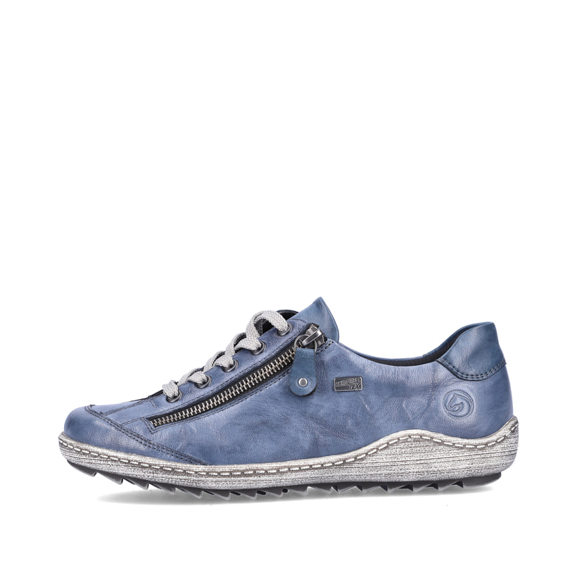 Himmelblaue remonte Damen Schnürschuhe R1402-15 mit Schnürung und Reißverschluss. Schuh Außenseite