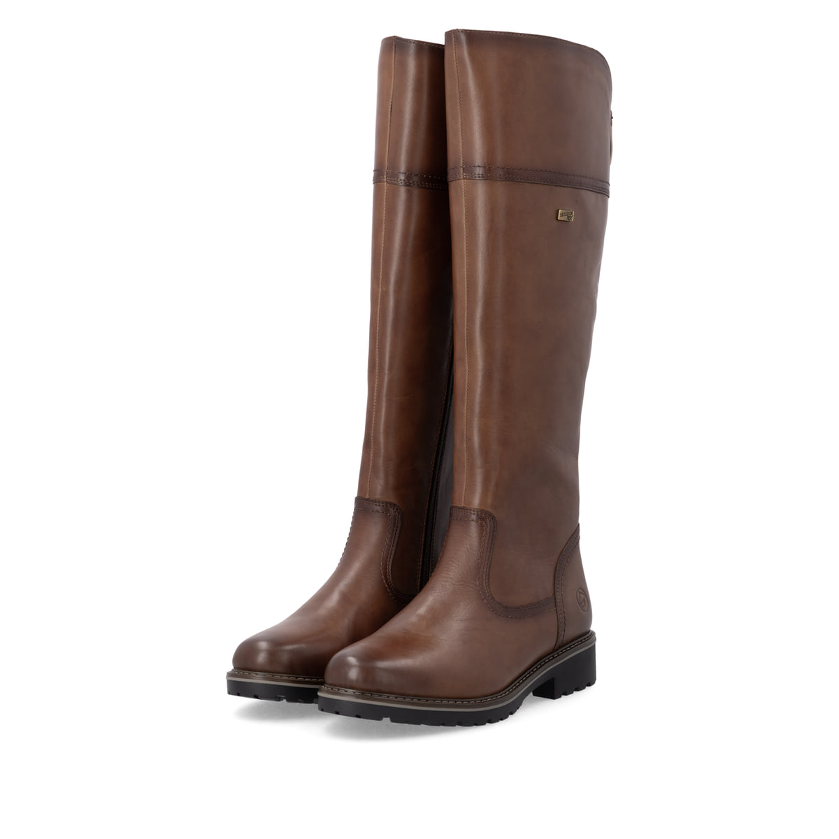 Braune remonte Hochschaftstiefel R6581-24 mit wasserabweisender TEX-Membran. Schuhpaar seitlich schräg.