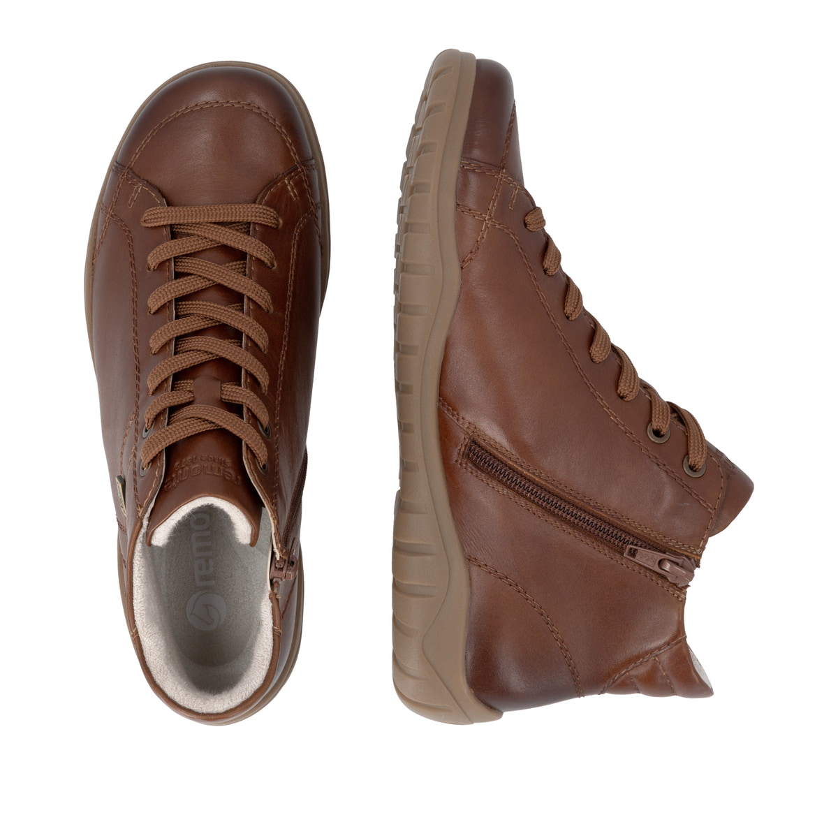 Braune remonte Damen Schnürstiefel D3T70-24 mit wasserabweisender TEX-Membran. Schuh von oben, liegend.