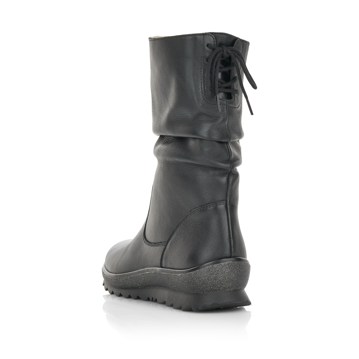 
Tiefschwarze remonte Damen Kurzstiefel R8471-01 mit einer flexiblen Profilsohle. Schuh von hinten