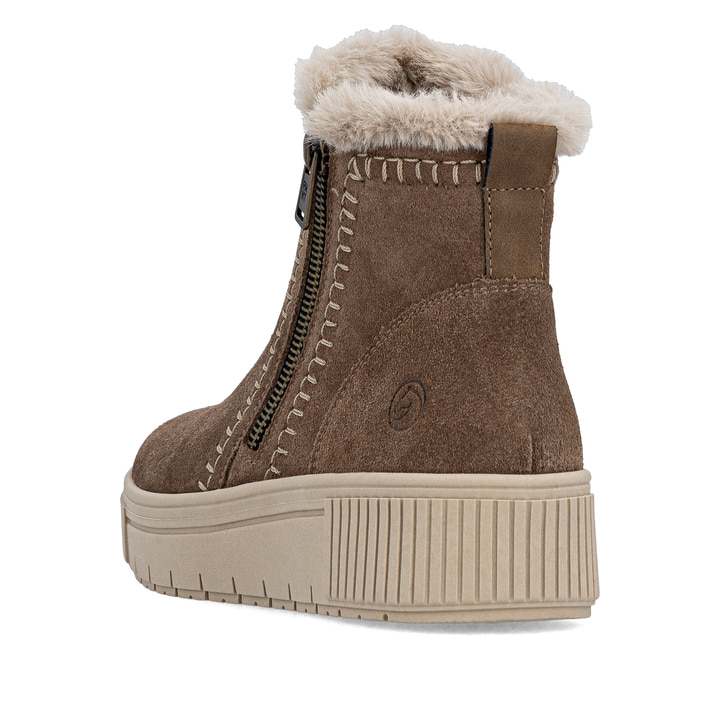 Braun-beige remonte Damen Kurzstiefel D3B70-20 mit modernen Ziernähten. Schuh von hinten.