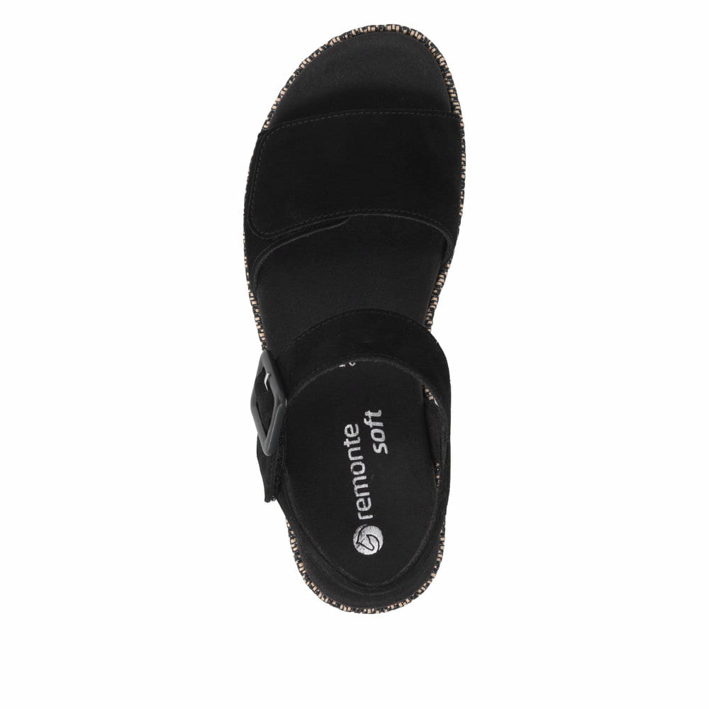 Schwarze remonte Keilsandaletten D1N54-01 mit einem Klettverschluss. Schuh von oben.