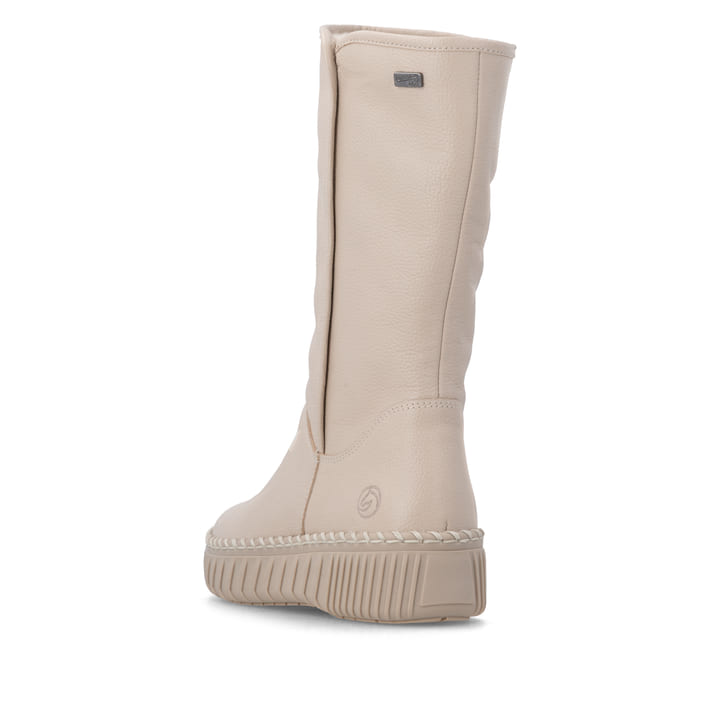 Beige remonte Hochschaftstiefel D4A71-60 mit wasserabweisender TEX-Membran. Schuh von hinten.