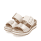 Beige remonte Damen Pantoletten D6463-60 mit einem Klettverschluss. Schuhpaar seitlich schräg.