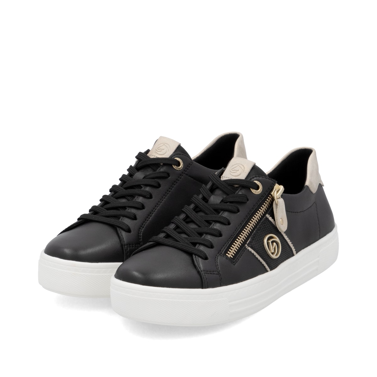 Schwarze remonte Damen Sneaker Low D0919-03 mit einem Reißverschluss. Schuhpaar seitlich schräg.