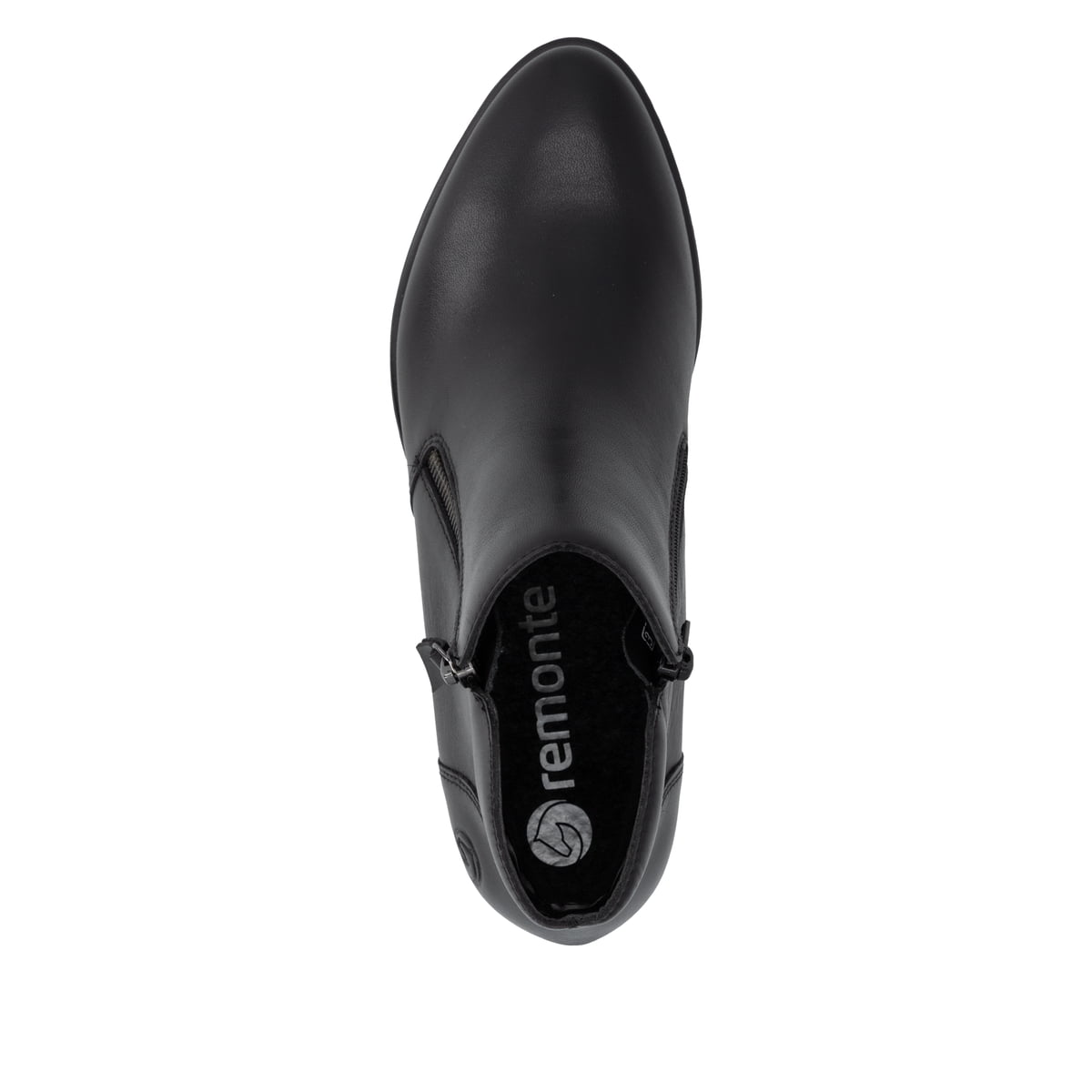 Schwarze remonte Damen Stiefeletten R5190-00 mit einem Reißverschluss. Schuh von oben.