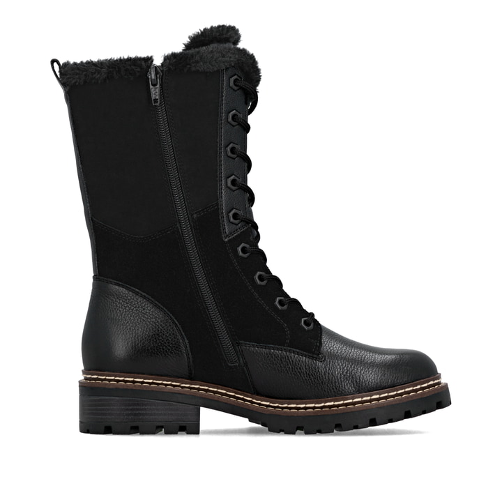 Schwarze remonte Hochschaftstiefel D0B82-00 mit griffiger Glass-Fibre Sohle. Schuh Innenseite.