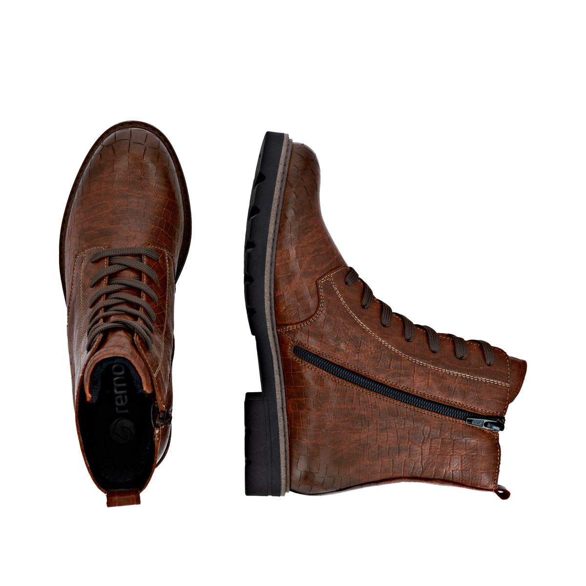Braune remonte Damen Schnürstiefel D2Q71-22 mit einem Reißverschluss. Schuh von oben, liegend.