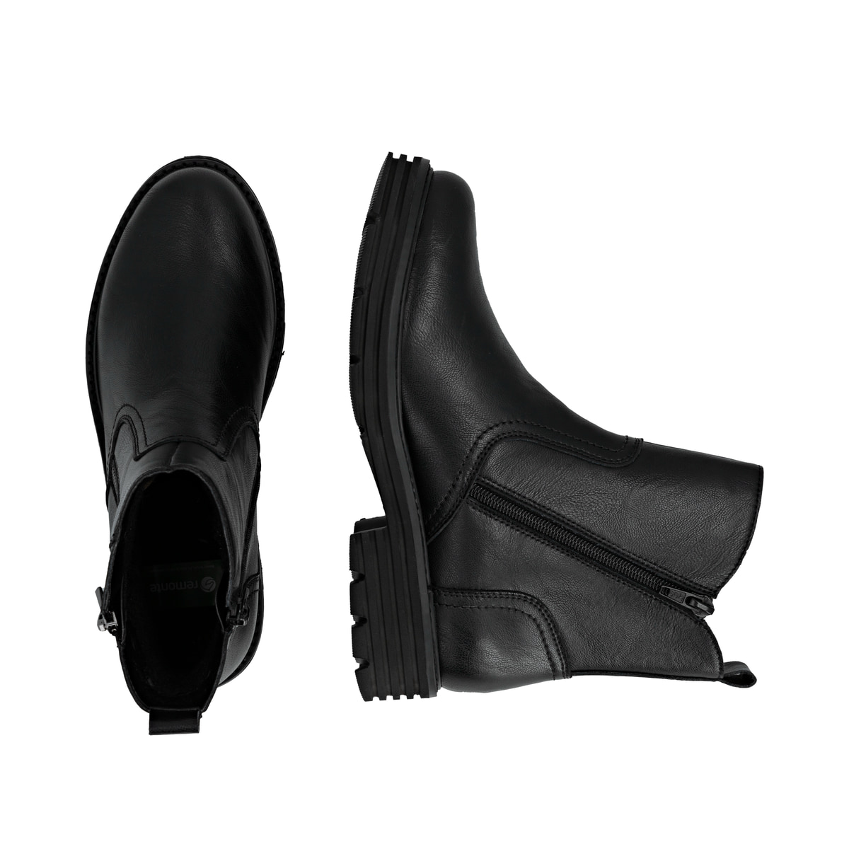 Schwarze remonte Damen Stiefeletten D3A70-00 mit einem Reißverschluss. Schuh von oben, liegend.