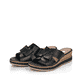 Schwarze remonte Damen Pantoletten D6456-00 mit einem Gummizug. Schuhpaar seitlich schräg.