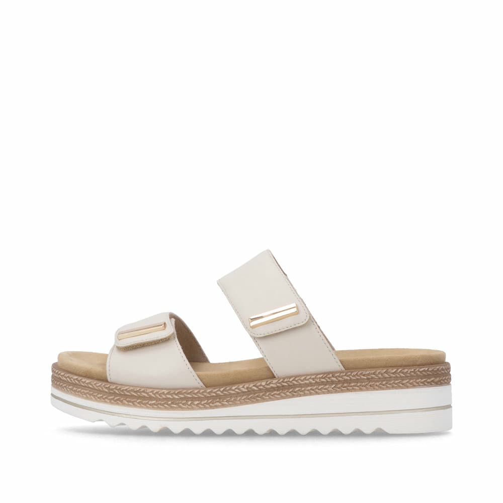 Beige remonte Damen Pantoletten D0Q64-60 mit einem Klettverschluss. Schuh Außenseite.