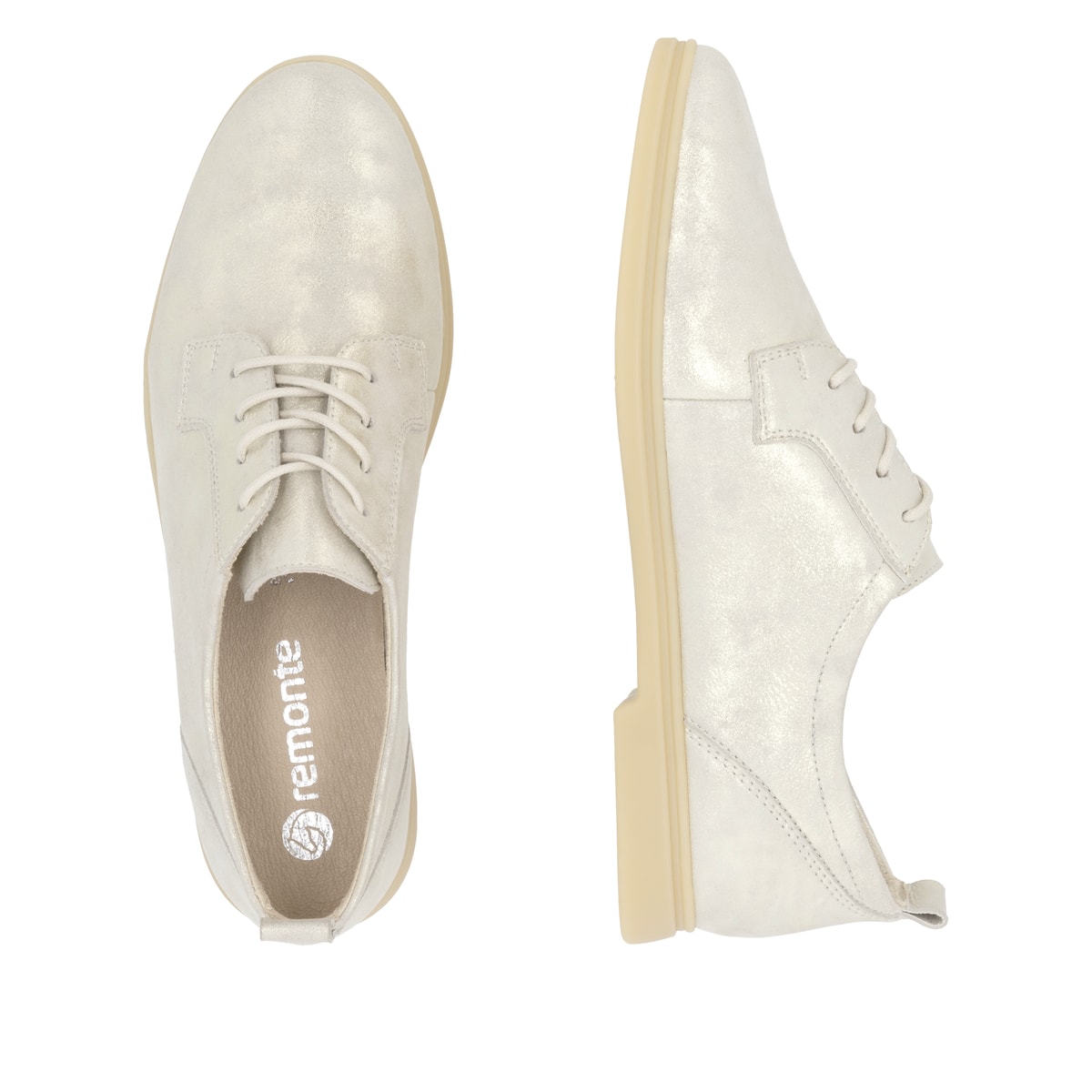 Goldene remonte Damen Schnürschuhe D2F01-90 mit einer gepolsterten Einlegesohle. Schuh von oben, liegend.