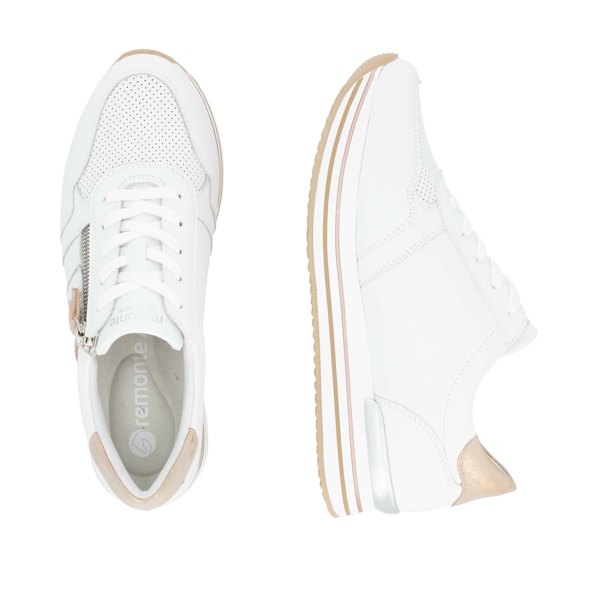 Weiße remonte Damen Sneaker Low D1327-81 mit Reißverschluss sowie Komfortweite G. Schuh von oben, liegend.